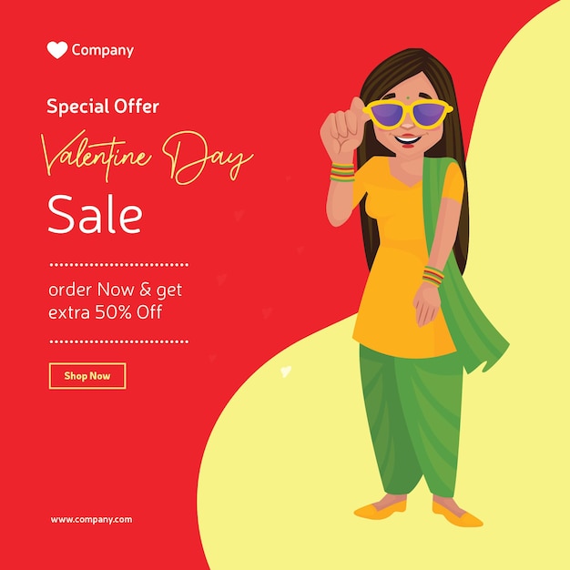 Valentine day sale banner design of girl is wearing sunglasses