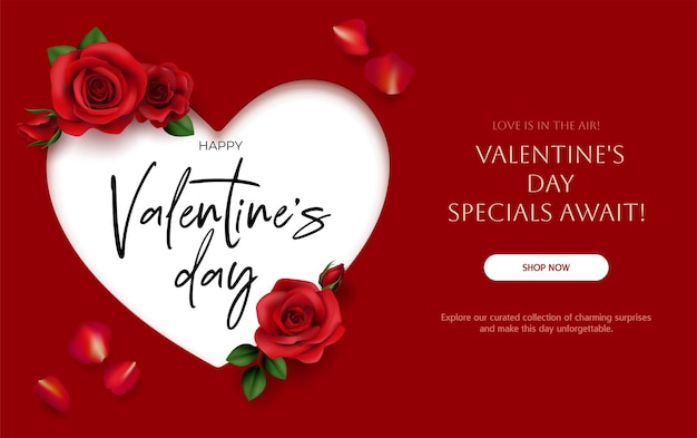 Vector valentine day sale banner featuring red roses and white heart perfect for cards banners