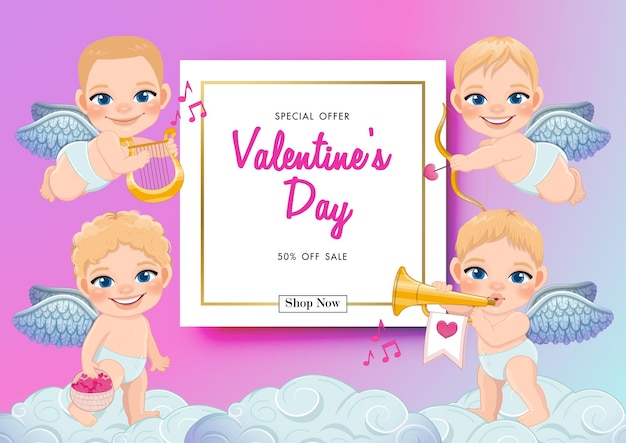 Valentine day sale on pastel background with cute cupids different activity vector