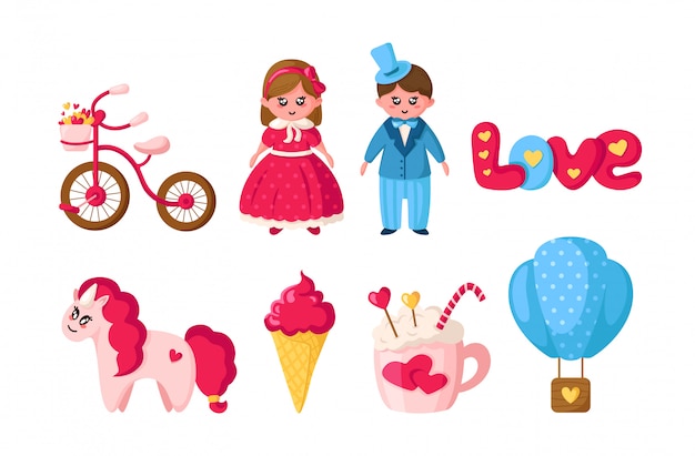 Valentine day set, cartoon kawaii meisje en jongen in retro kleding, schattige dieren - eenhoorn, romantische dingen