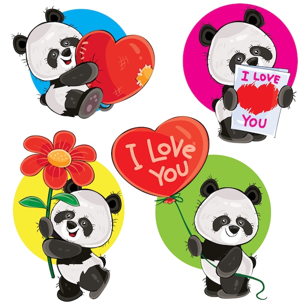 Vector valentine day set with cute panda bears, with soft heart, with love you greeting card