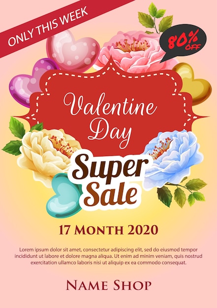 Valentine day super sale poster with beautiful flower