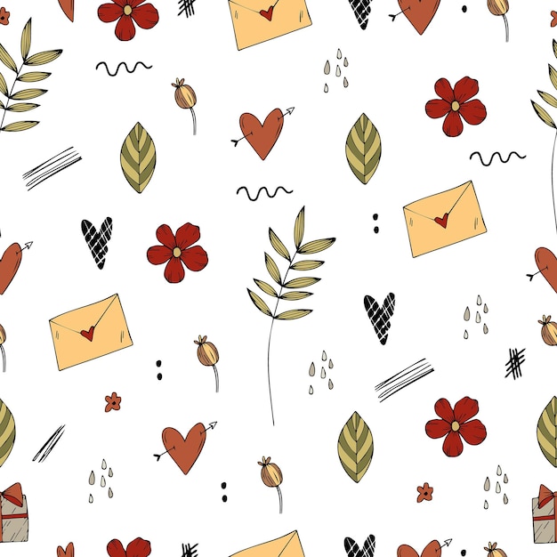 Valentine day vector illustration  mail heart flowers seamless pattern on white background