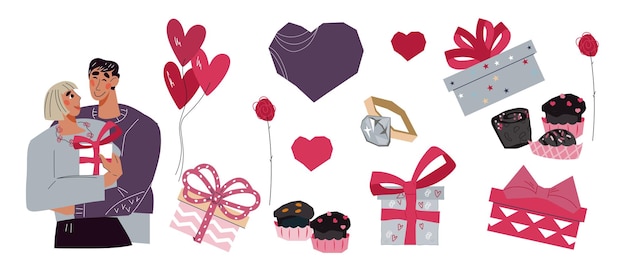 Valentine Day vector symbols and icons collection with characters of couples in love