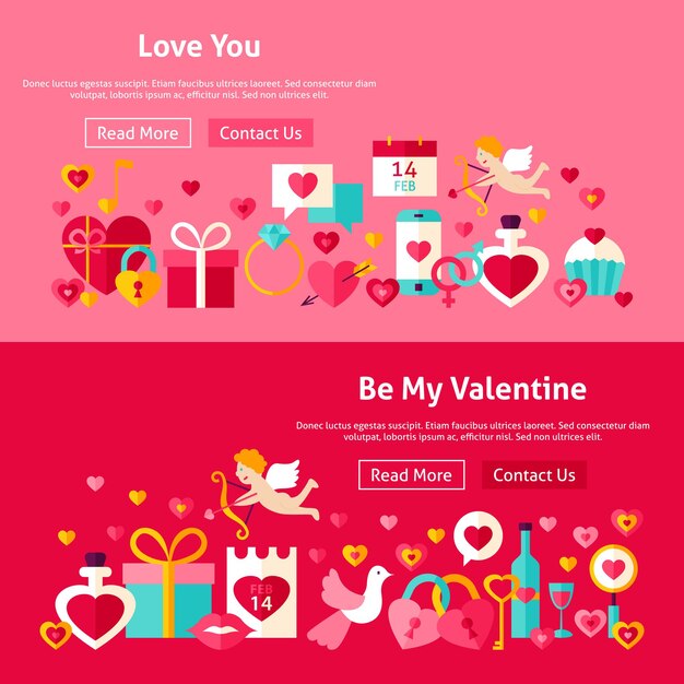 Баннеры веб-сайта Дня святого Валентина. Векторные иллюстрации для веб-заголовка. Люблю современный плоский дизайн.