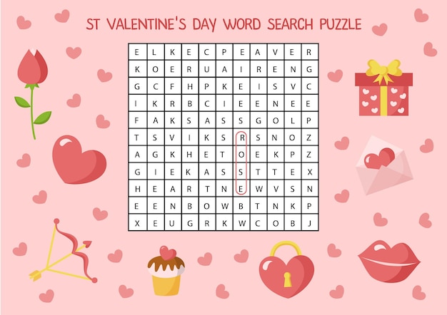 Valentine day word search puzzle for preschool kids