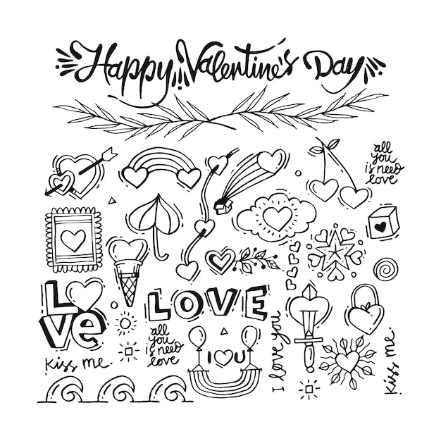 Decorazioni di san valentino e ornamenti, scarabocchi e disegni