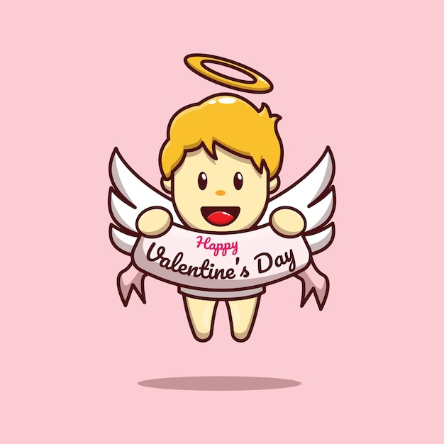 Disegno di san valentino di cupido carino che tiene auguri di san valentino felice