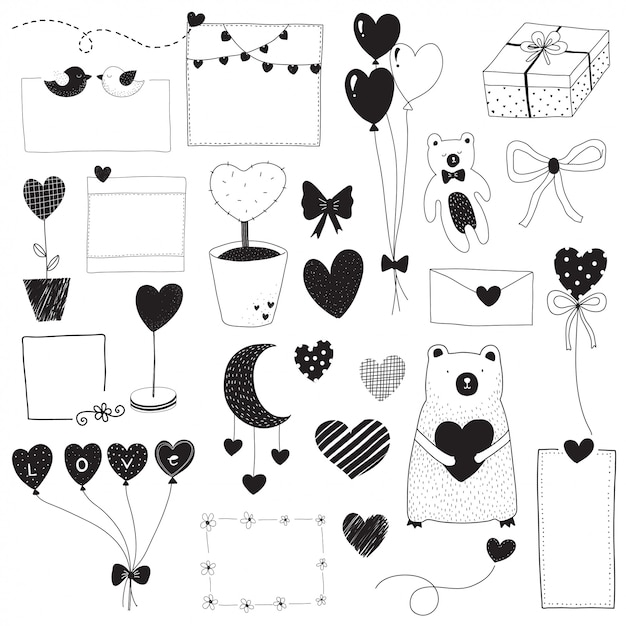 Vector valentine doodle set zwart en wit tekenen