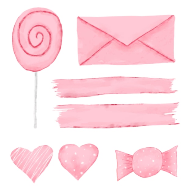 편지 브러쉬 사랑 사탕 등을 포함하는 수채화 스타일의 발렌타인 요소