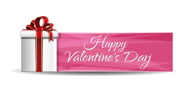 Valentine gift box on a background of pink banner. greeting inscription - happy valentines day.