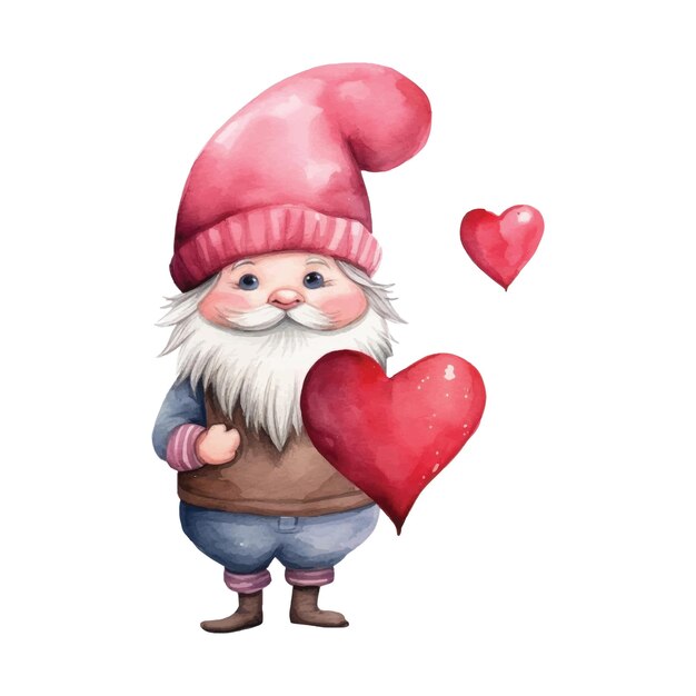 Vector valentine gnome met een enkel waterverf hart op een witte achtergrond