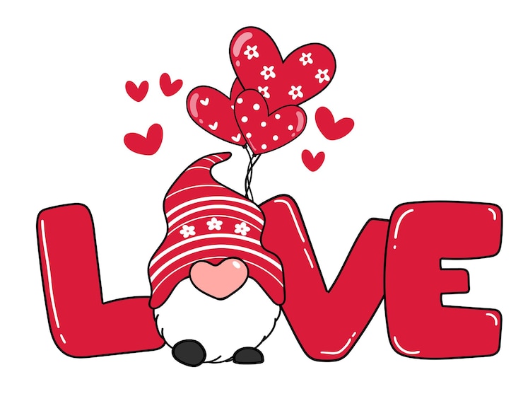 Vector valentine gnome met liefde brief en hart ballon, rode valentijn gnome cartoon