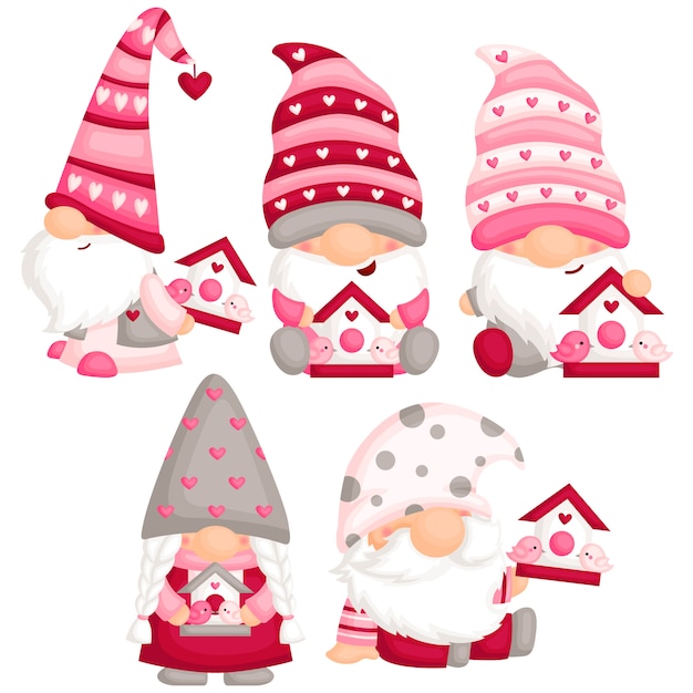 Vector valentine gnome met love bird house