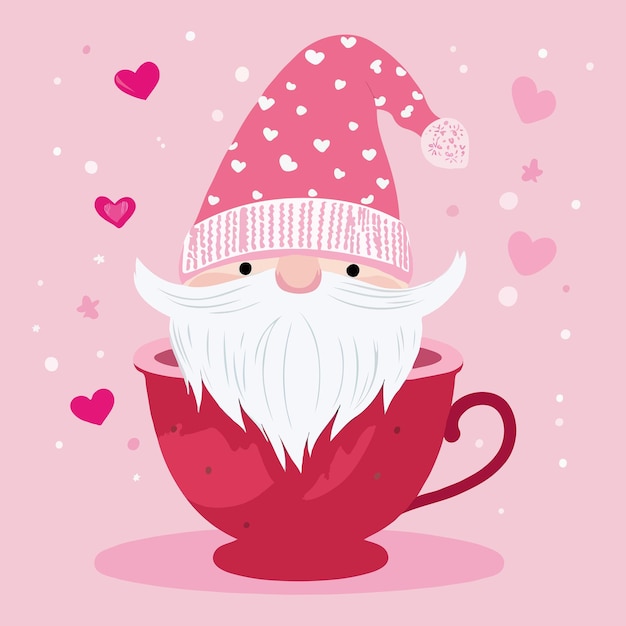 Valentine Gnomes in cup A cute character with hearts vector illustration For postcards Tshirts