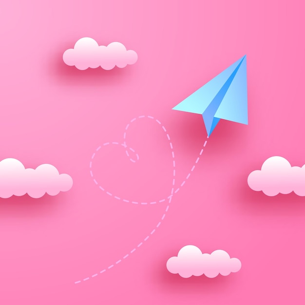 Vector valentine greeting card soft pastel love romance decoration with paper cut style of flying paper plane on the pink sky with clouds