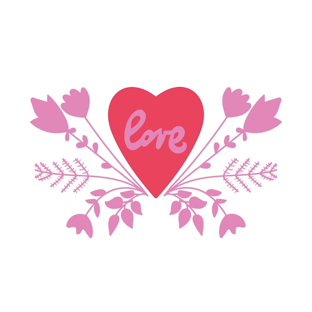 Valentine heart illustration with floral elements and word Love