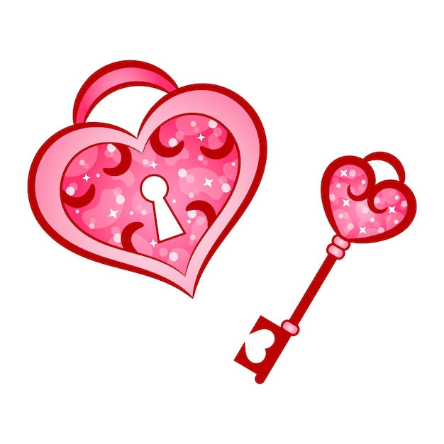 Vettore adesivo per disegno con serratura a cuore e chiave di san valentino