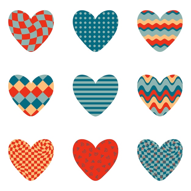 Valentine hearts stickers collection in 1970s retro style Perfect print for tee stickers posters cards Vector illustration for decor and design