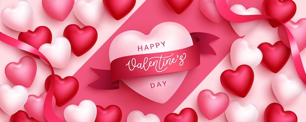 Valentine hearts vector background design. Happy valentine's day greeting text with pink hearts.