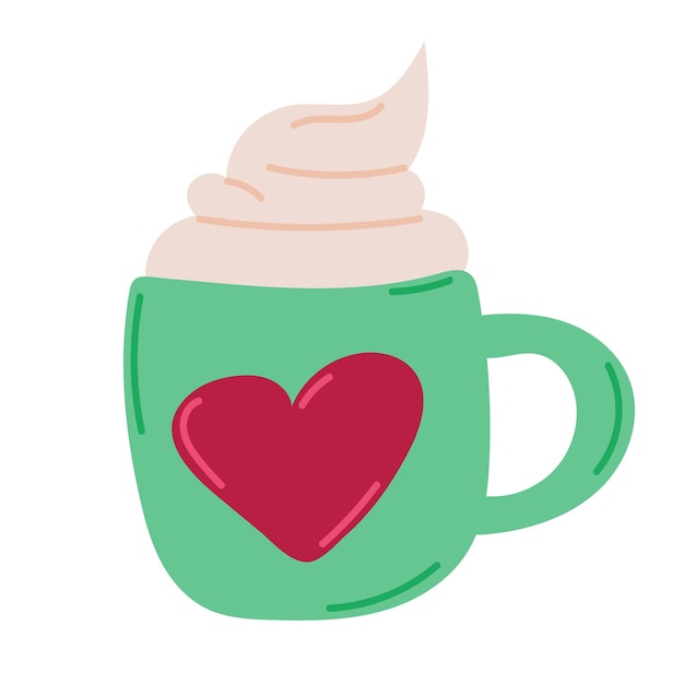 Vector valentine hot chocolate with cream in a cute cup with a hearton a white background