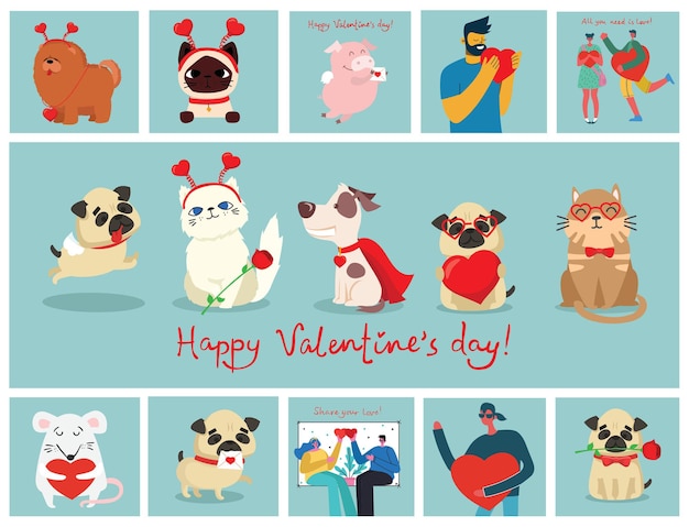 Valentine illustration cards of happy pets