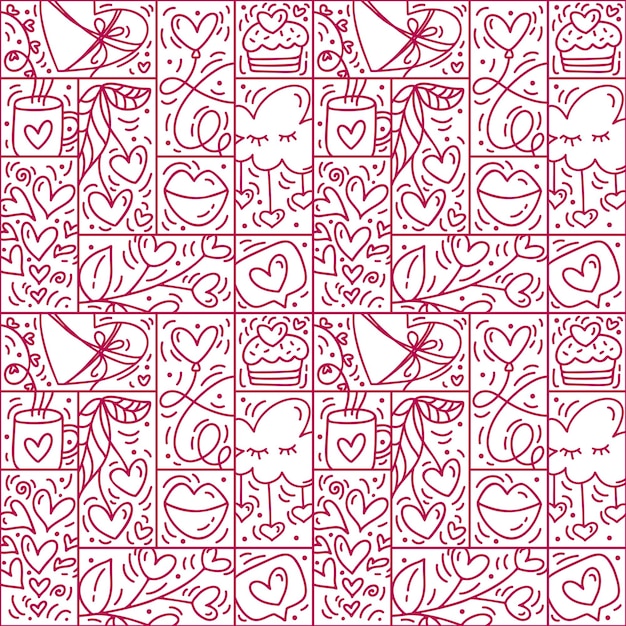 バレンタイン ロゴ ベクターのシームレスなパターン ライン愛クラウド ケーキ ハートとギフト ボックス 手描きのモノライン
