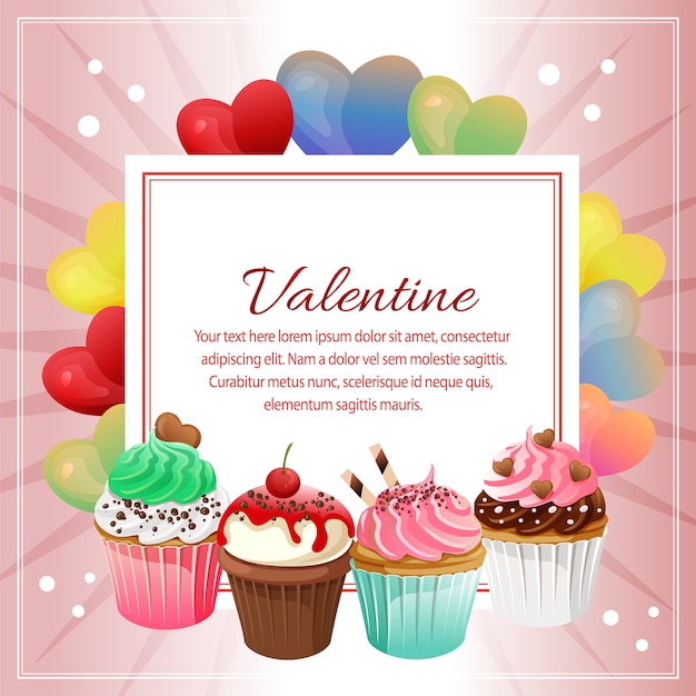 Valentine love shape and cupcakes decoration square text