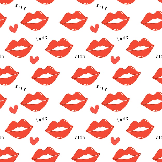 Vector valentine lovepattern seamless with red lips kissing isolated on white background