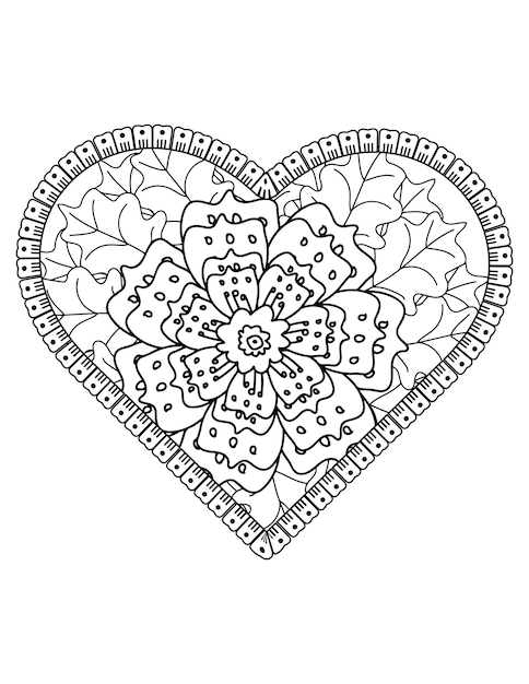 バレンタイン パターン デザイン。バレンタイン、大人と子供のためのハートのぬりえ。手描きの花。