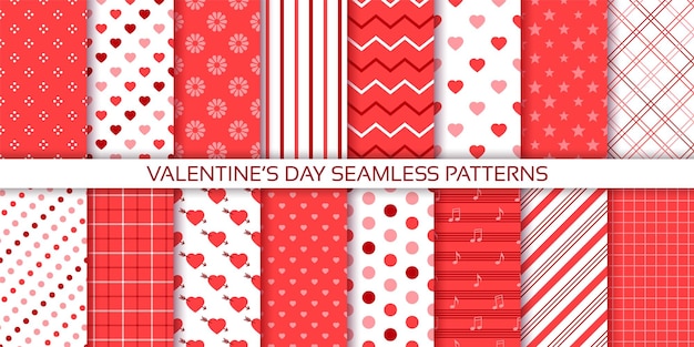 Vector valentine pattern seamless background red prints with heart dot stripes check set cute textures