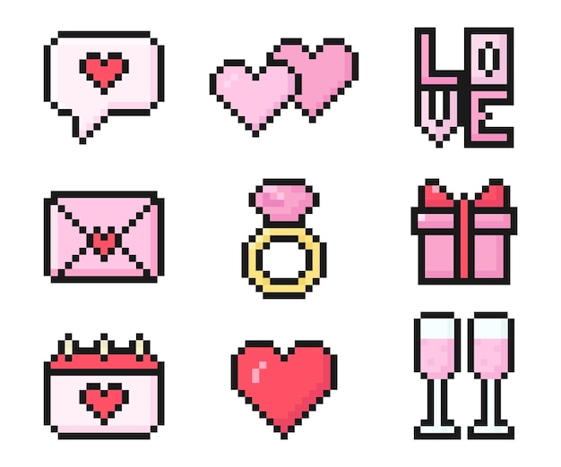valentine pixel iconen vintage 8 bit 80s 90s arcade game stijl iconen voor spel of mobiele app