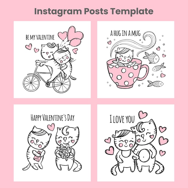 Valentine posts cat social media template cartoon vector set