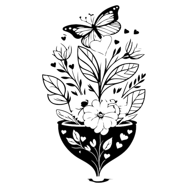 Vector valentine pot bloem liefde met vlinder illustratie hand tekenen