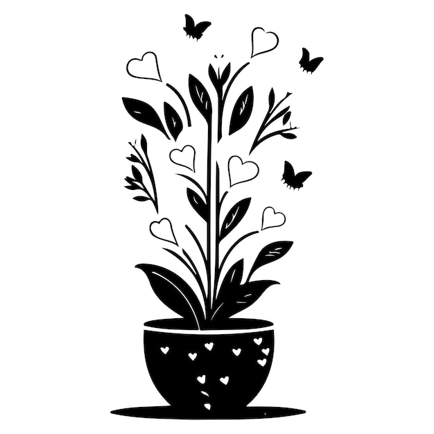 valentine pot bloem liefde met vlinder illustratie schets hand tekenen