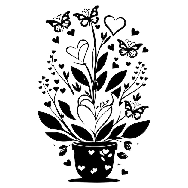 valentine pot bloem liefde met vlinder illustratie schets hand tekenen