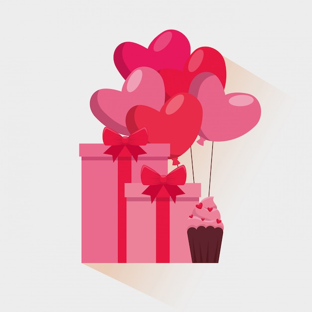 Valentine present gift with hearts balloons and muffin