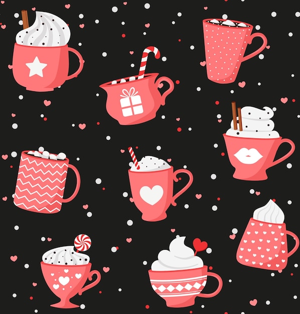 Valentine romantic seamless pattern with collection of hot drinks with cute cups mugs hearts coffee cocoa