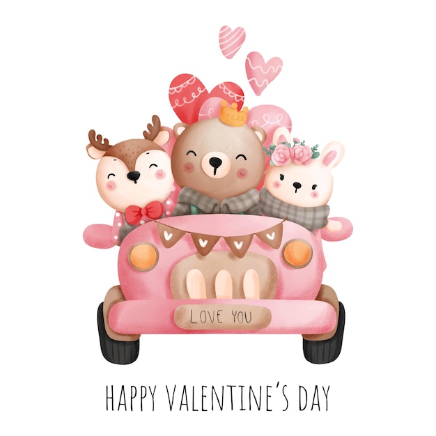 Auto di san valentino con animali del bosco, illustrazione vettoriale