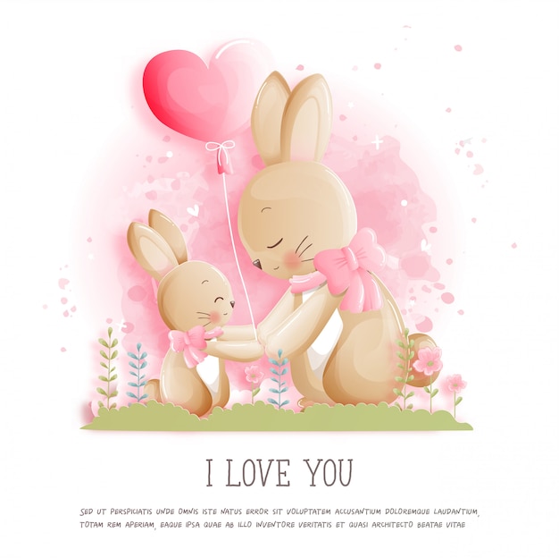 Valentine's card with cute bunny and heart balloon