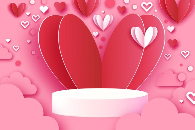 Valentine's day 3D Podium scene or pedestal on pink background with heart paper cut craft shapes. Studio for display product mockup design. Circles. Vector