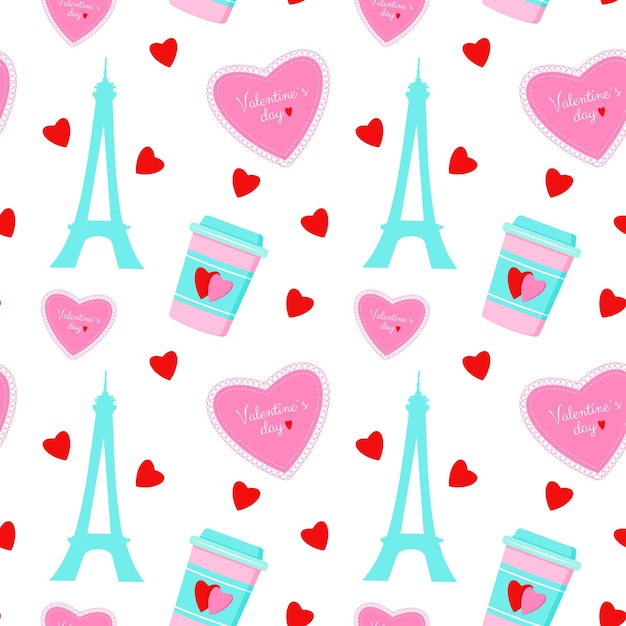 Valentine s Day background Illustration Eiffel Tower and Pink heart Vector seamless pattern