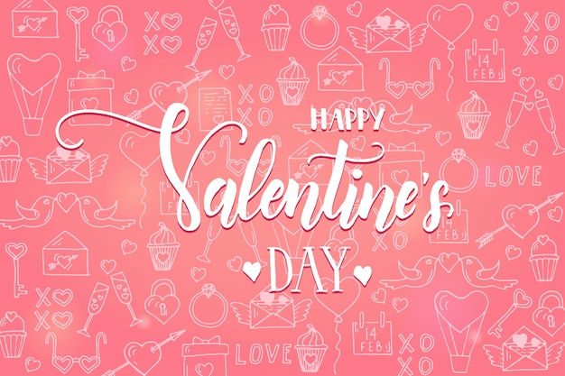 Valentine's day background on pink pattern with hand drawn love line art symbols.