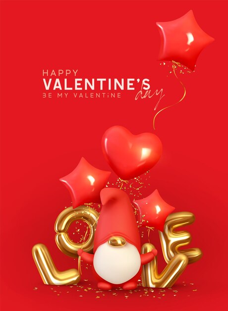 Vector valentine's day background. realistic design with romantic decorative objects in 3d scandinavian gnome for lovers symbol. gold sign love. red balloons shape of heart, stars. bright holiday composition