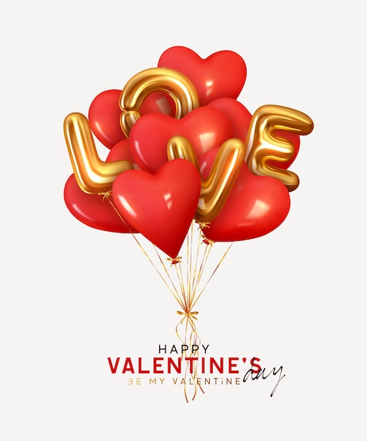 Valentine's day background with 3d red balloons in shape heart with gold metallic text lettering Love. Ballons and ribbon fly. Romantic banner, surprise poster, flyer and brochure. Holiday wedding