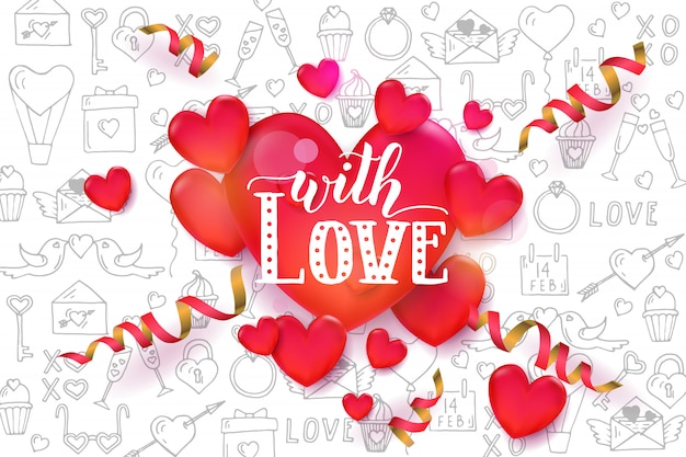 Valentine's day background with 3d red hearts and serpentine on pattern 