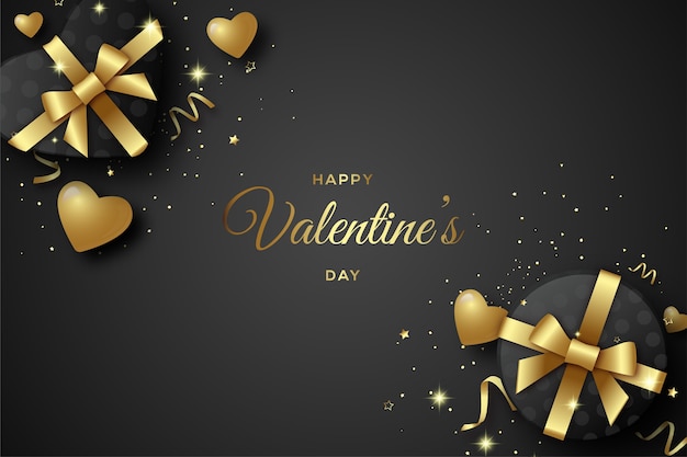 Valentine's day background with gift box in black and gold lettering.