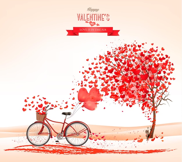 Valentine's Day background with a heart shaped tree and a bicycle. 