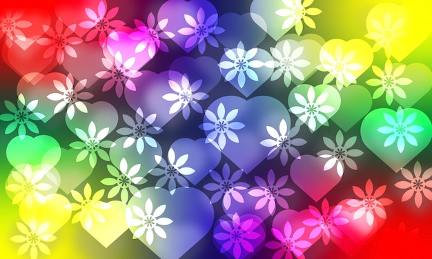 Valentine's day background with hearts and flowers in rainbow colors Vector illustration