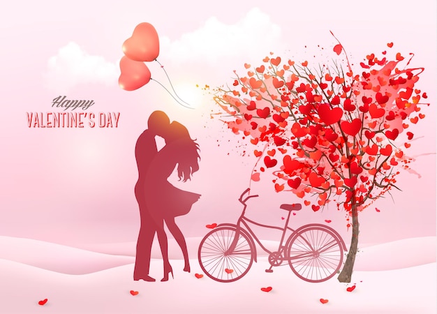 Valentine's Day background with a kissing couple silhouette, heart shaped tree and a box. 